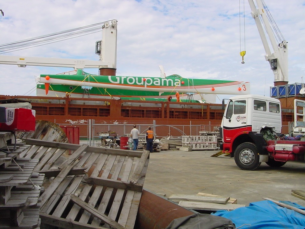 Groupama 3 is loaded aboard the ship Egelantiersgracht at Dunedin’s Victoria Wharf © Martin Balch